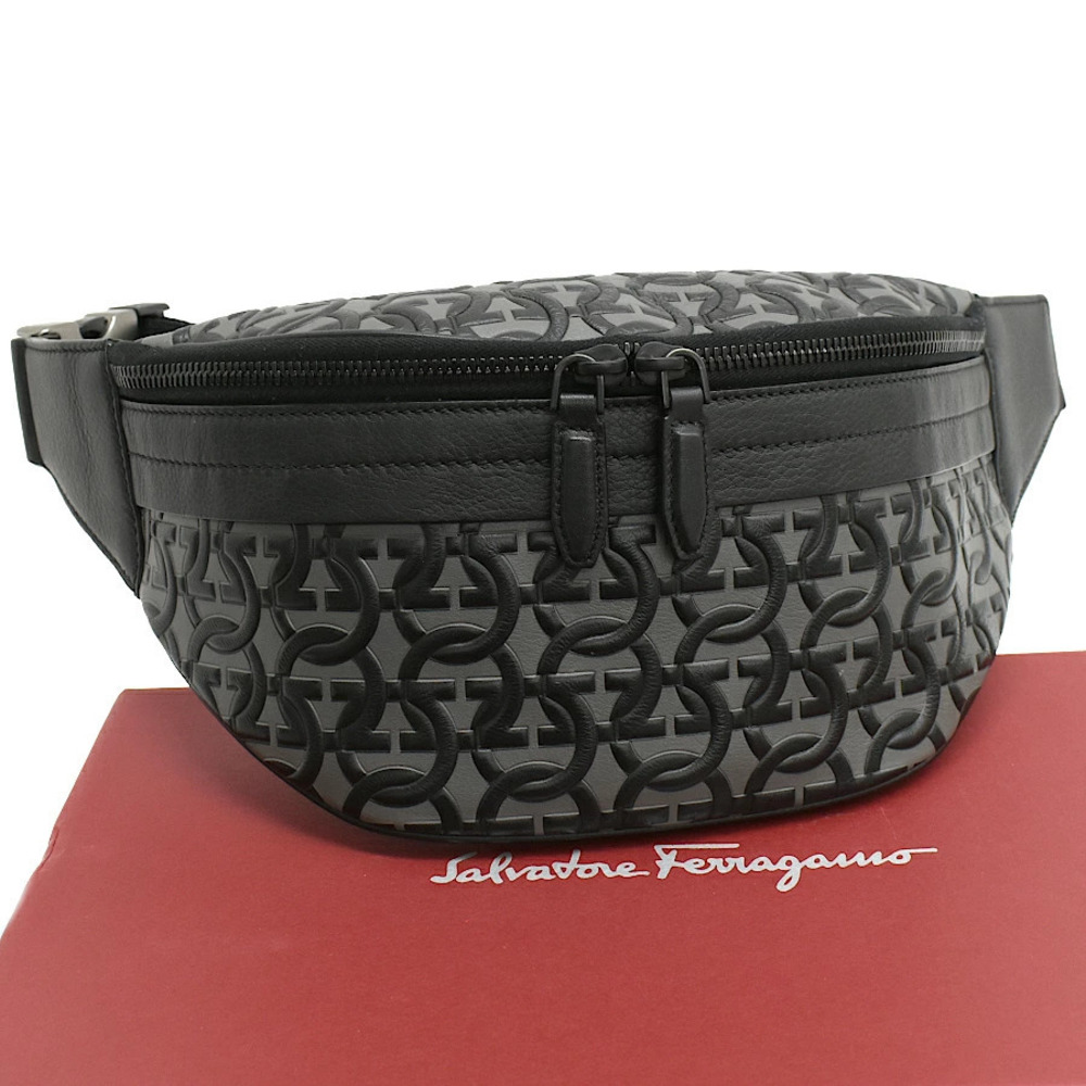 Salvatore Ferragamo Waist Bag Belt Gancini Embossed Leather Nero Black Gray